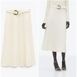 Zara Skirt Womens Medium Ivory Belted A-Line Midi Side Zip High Waist Polyester